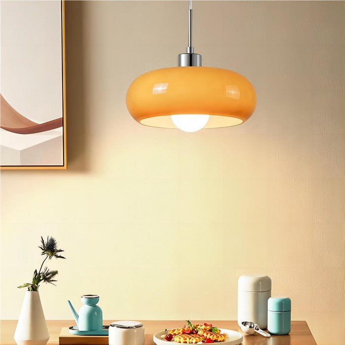Retro Pendelleuchte aus Glas – Bauhaus Stil in Orange – Nordisches Design für Esszimmer & Küche
