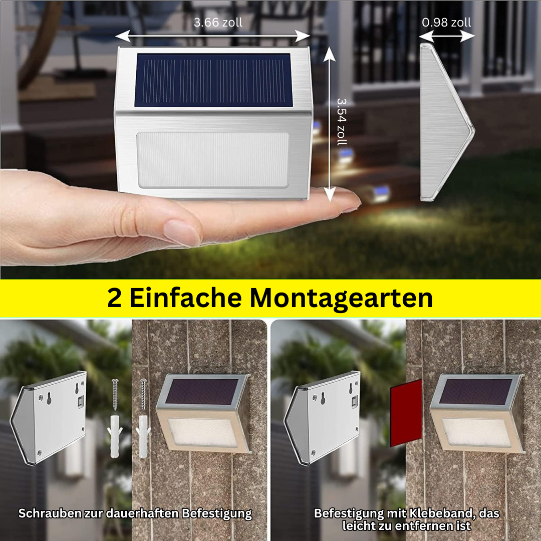 Solarbetriebene LED Außenwandleuchte – Edelstahl Garten- & Treppenlicht mit Dämmerungssensor, Wasserdicht, Warmweiß