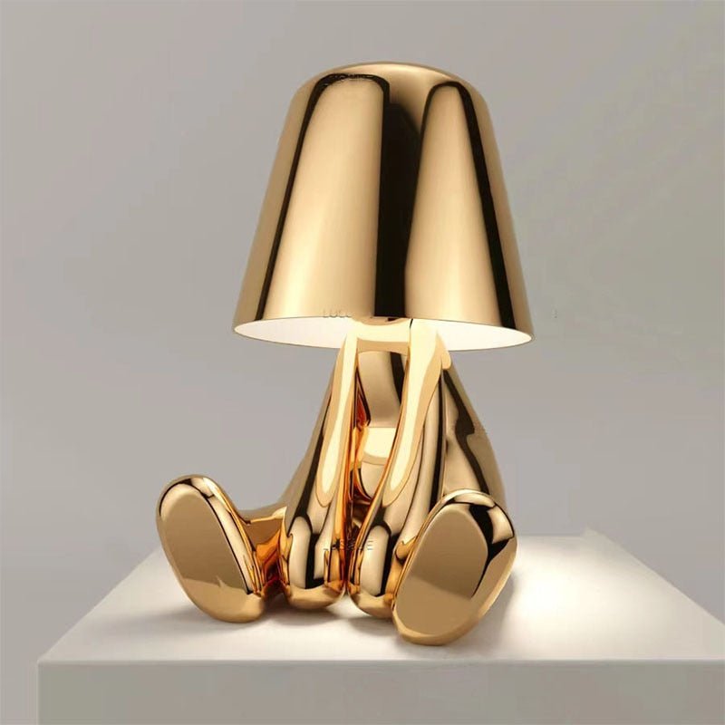 Skulpturale Goldene Tischlampe – Wiederaufladbare Kabellose Schreibtischlampe für das Wohnzimmer, Einstellbare Helligkeit, Modernes Design