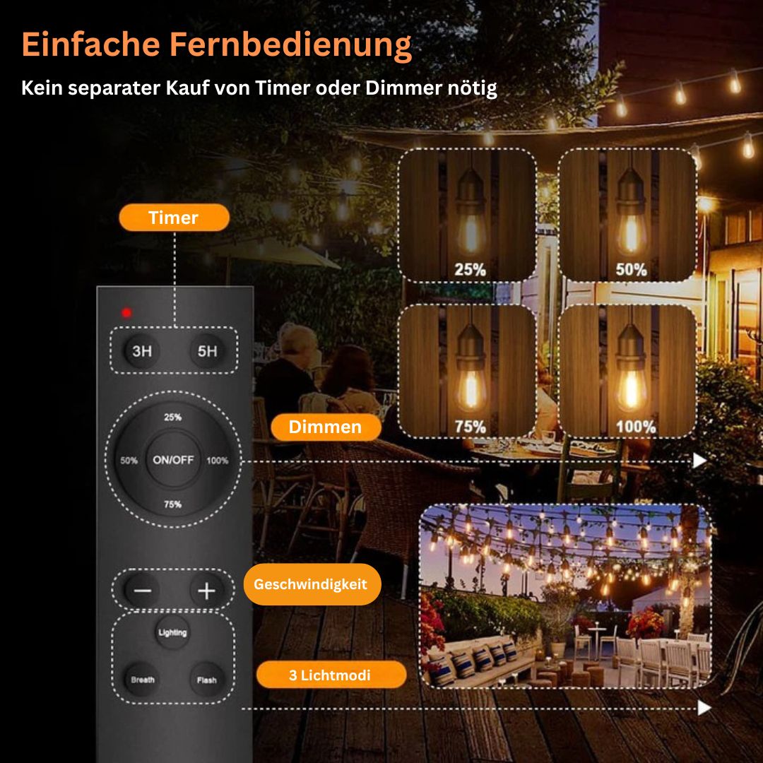 Solarlichter für Garten – 15m Feston Lichter mit Fernbedienung, Wetterfest und Solar betrieben, Warmweißes Licht für Terrasse und Balkon